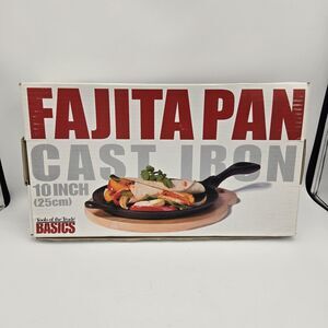 New Cast Iron Skillet 10" Fajita Pan With Wooden Serving Board Oval Shape NIB